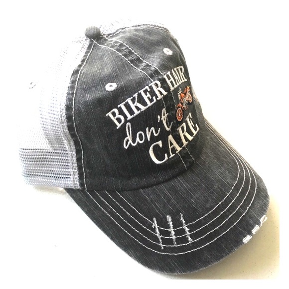 Boutique Brand Accessories - 'Biker Hair Don't Care' Distressed Trucker Hat